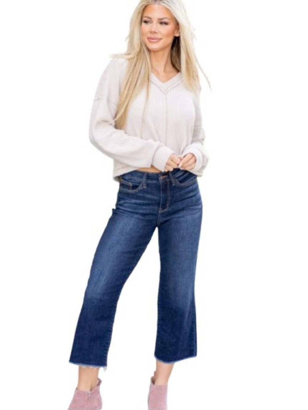 Judy Blue High Rise Cropped Wide Leg Jeans Raw Hem Size 11/30 Sunday Chill Dark